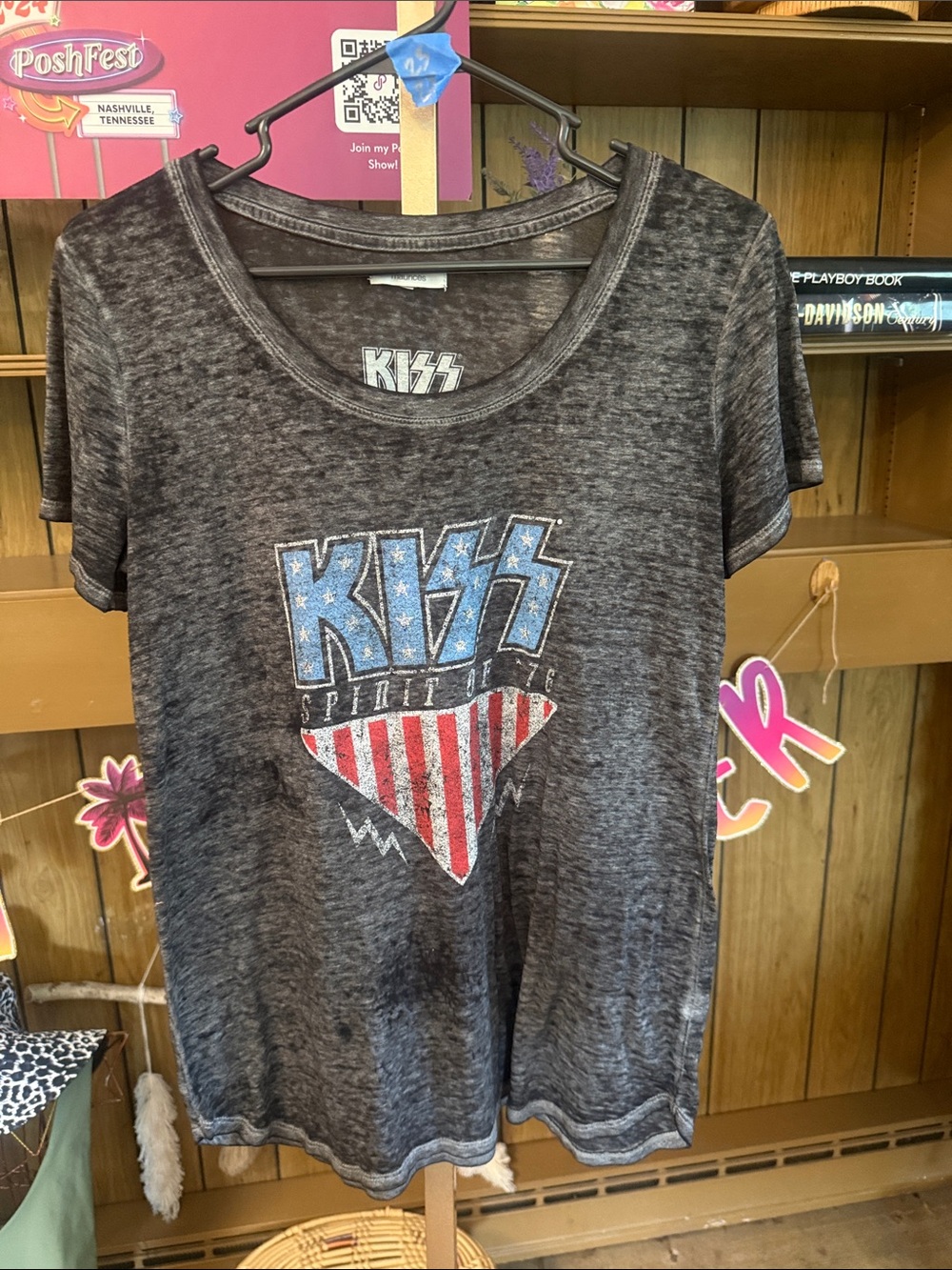 Maurices Black Heather KISS Graphic Short Sleeve Tee with Blue and Red Shield